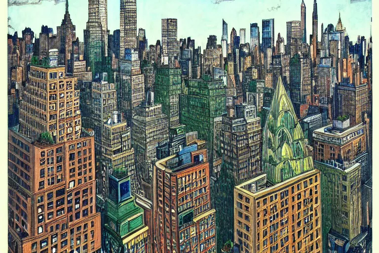 Prompt: a realistic Manhattan cityscape, from the roof, Central park by Louis Wain (1920), golden ratio, sharp linework, clean strokes, sharp edges, flat colors, cell shaded, trending on artstation