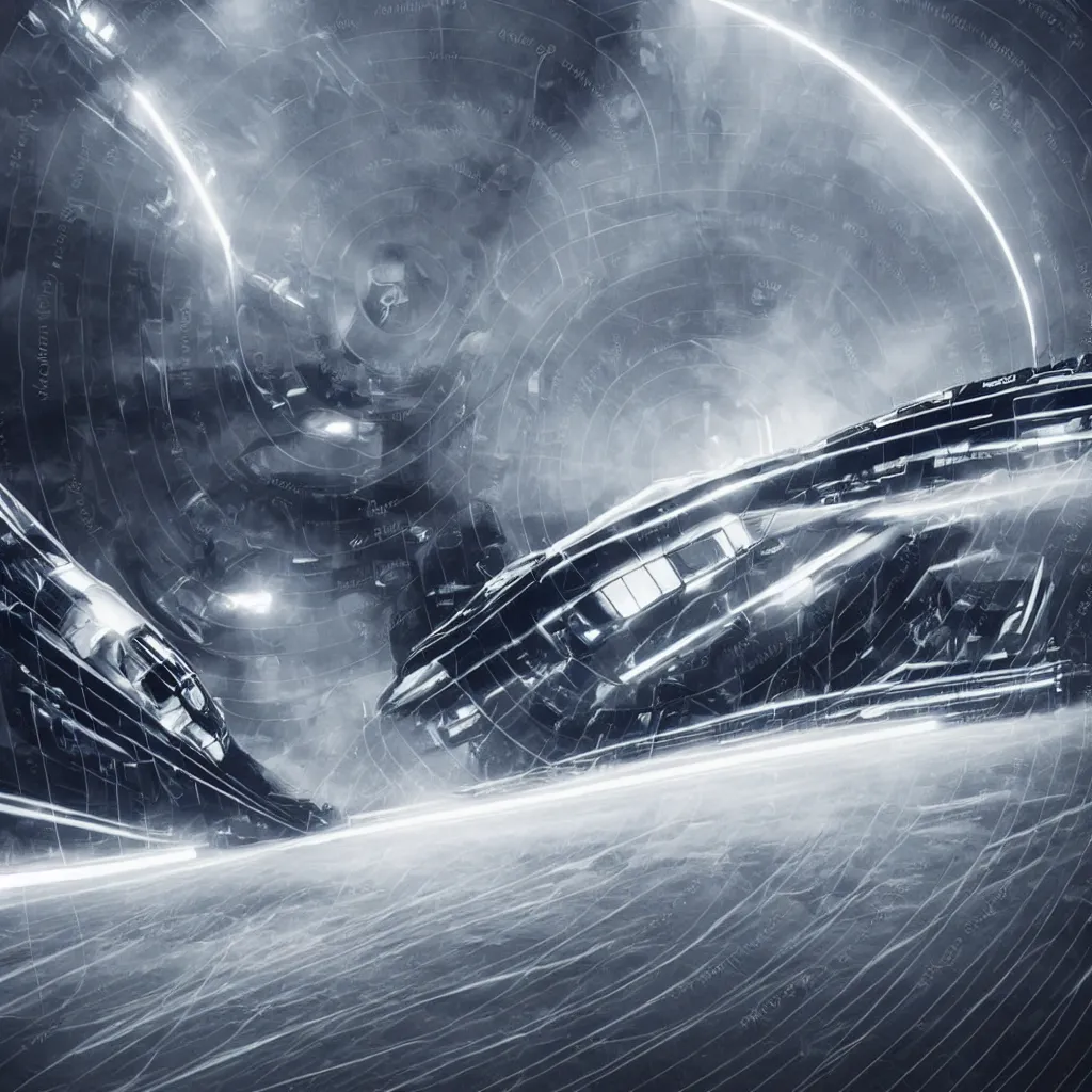 Prompt: closeup wide angle view of powerful futuristic streamline train speeding very fast. romanticism. extreme speed with headlight beam shining brightly into the fog and rain. dramatic lighting. motion streaks.. vanishing point. photorealistic.