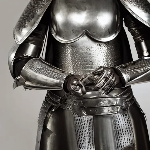 Prompt: photo of a woman wearing silver armor