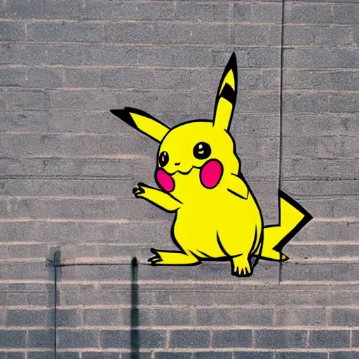 Image similar to graffiti pikachu on the wall, wide angle lens