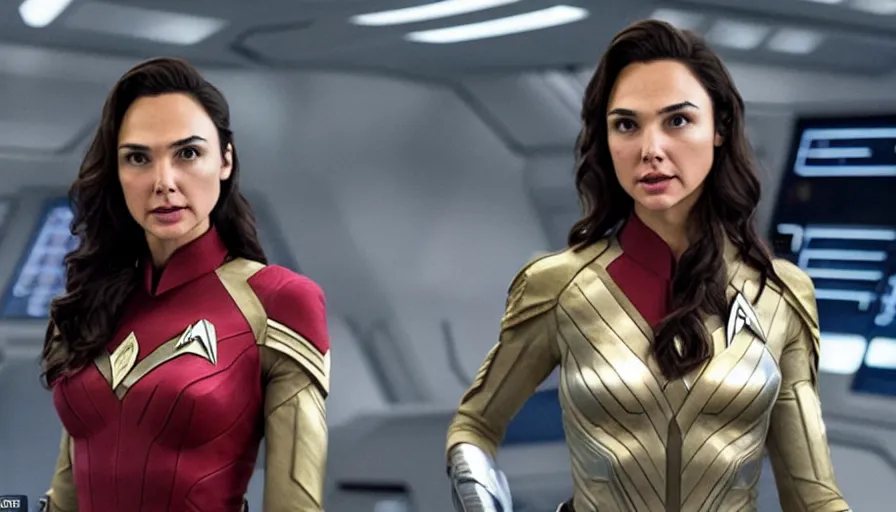 Image similar to Gal Gadot, in full starfleet uniform, is the captain of the starship Enterprise in the new Star Trek movie