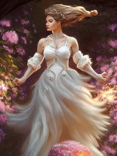 Prompt: a woman, wearing a cute white dress adorned with flowers, dominating a ferocious lion. intricate, elegant, highly detailed, digital painting, artstation, concept art, sharp focus, illustration, by justin gerard and artgerm, 8 k