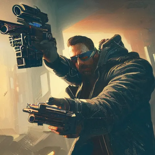 Image similar to close up illustration of a cyberpunk gunslinger pointing his gun shooting bullets, very detailed, 8 k, by greg rutkowski,