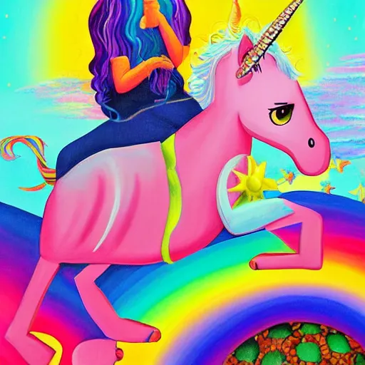 Prompt: a painting of a woke man riding an unicorn, a storybook illustration by Lisa Frank, featured on pixiv, magical realism, irridescent, storybook