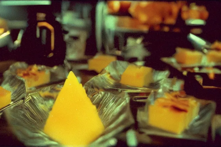 Prompt: pineapple and cheese aspic, in 1 9 9 5, y 2 k cybercore, industrial low - light photography, still from a ridley scott movie