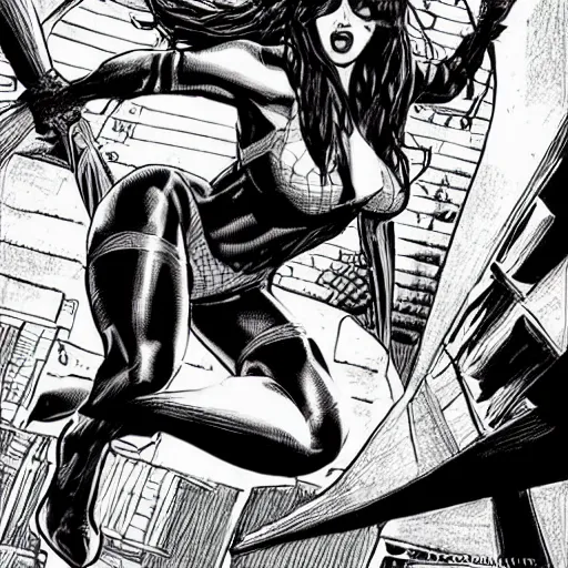 Prompt: awesome drawing of mary jane watson as spider girl, realistic, comic, by mike deodato