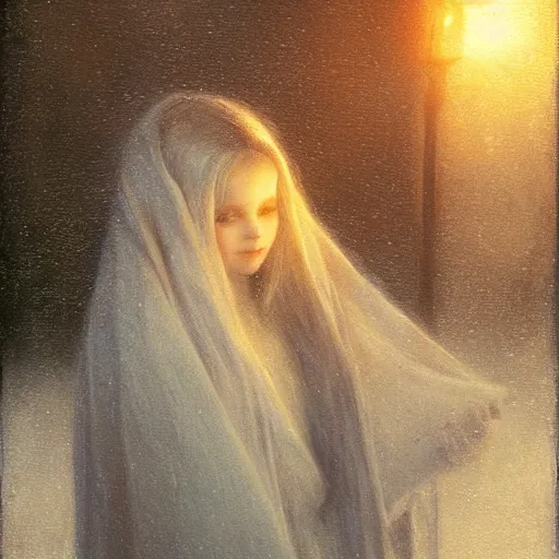 Prompt: pale ghost girl, by mikko lagerstedt, by gaston bussiere, by jean deville, candlelight