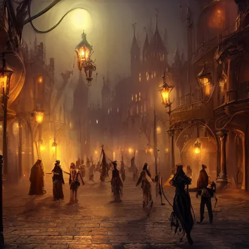 Prompt: fantasy steampunk victorian city, with people walking on the streets, at night, 4k, concept art