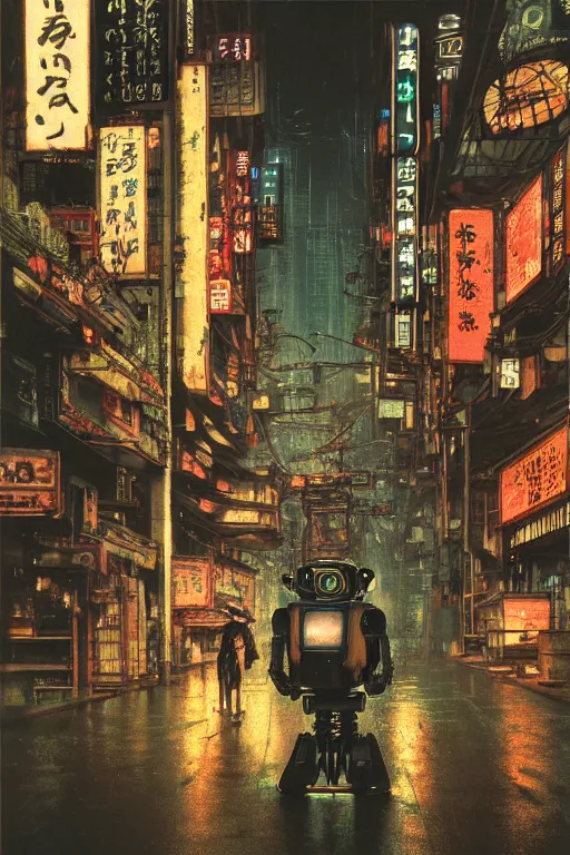 Image similar to vintage autochrome photo of ancient overgrown cyberpunk tokyo with robot by syd mead, night, rain, flowers, beautifully lit, hyperdetailed, unreal engine, photorealistic