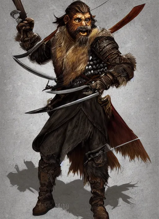 Image similar to strong young man, photorealistic bugbear ranger holding aflaming sword, black beard, dungeons and dragons, pathfinder, roleplaying game art, hunters gear, jeweled ornate leather and steel armour, concept art, character design on white background, by alan lee, norman rockwell, makoto shinkai, kim jung giu, poster art, game art