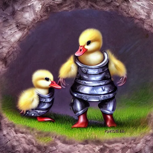 Prompt: two baby ducklings wearing armour going on an adventure, fantasy, detailed digital art