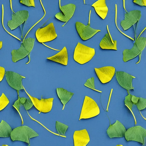 Prompt: gingko leaves ; contours ; green leaves on light blue background on the left side ; golden leaves on a dark blue background on the right side