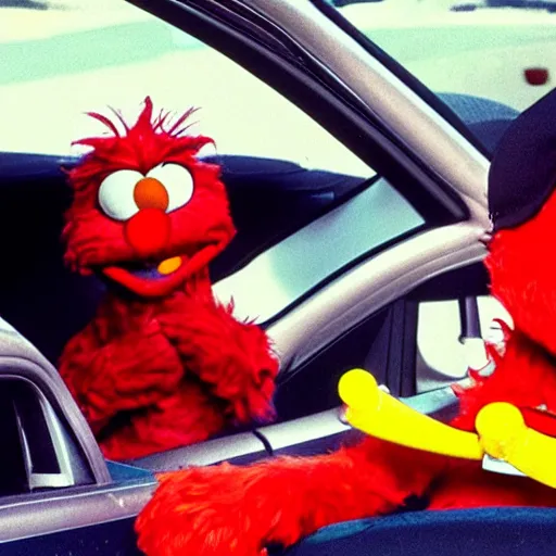 Prompt: elmo drunk driving with his pals