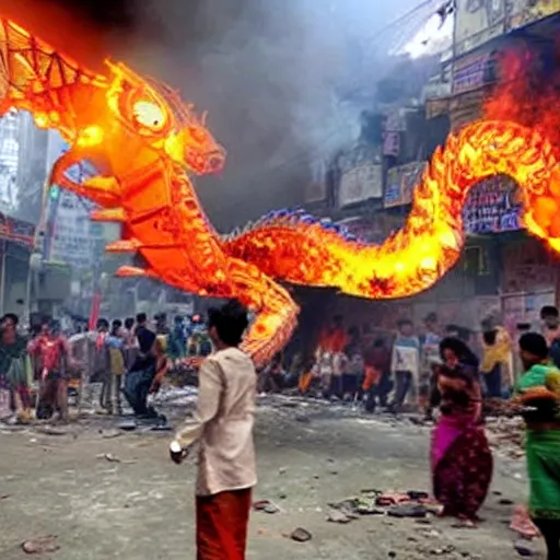 Prompt: photograph of a robot dragon burning Dhaka city