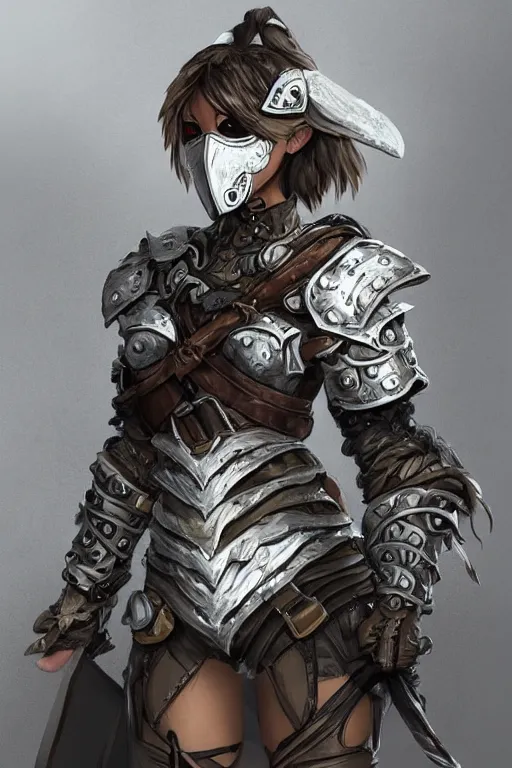 Image similar to female adventurer in tight full - body sticky note stack paper chainmail - style armor and a white porcelain crow mask, trending in artstation, japanese, artstation, establishing shot