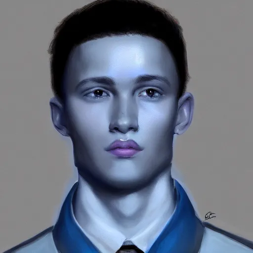 Image similar to portrait of young man by Singer Sergeant and Solomon, blue lighting, detailed, elegant clothing, trending on artstation, masterpiece