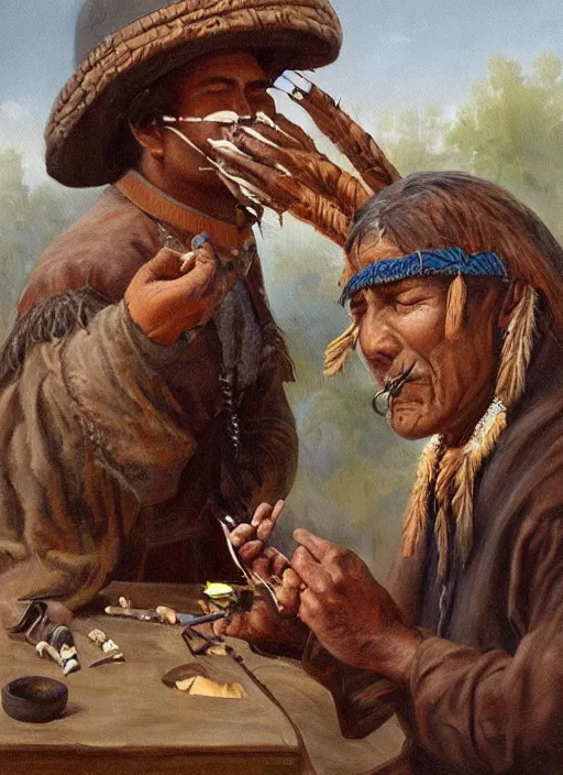 Image similar to a beautiful painting of an indigenous man blowing tobacco snuff into the nose of another man , fantasy art, matte painting, highly detailed