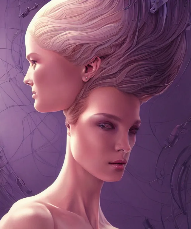Prompt: Supermodel woman turning into an Android portrait, dark surrealism , scifi, intricate, elegant, highly detailed, digital painting, artstation, concept art, smooth, sharp focus, illustration, art by artgerm and moebius and alphonse mucha