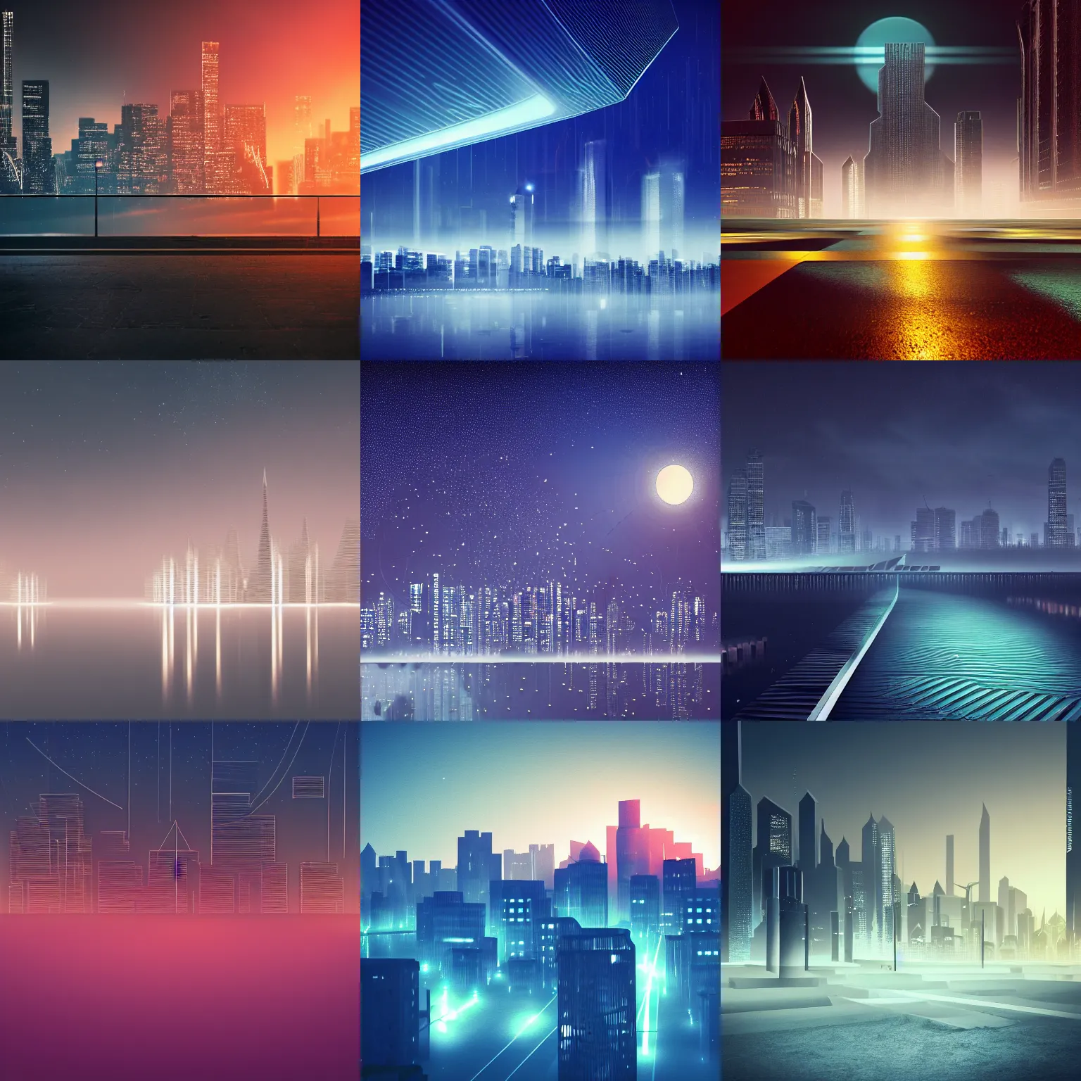 Prompt: geometric futuristic cityscape, night lights, seashore, 3d minimalistic, distant, volumetric fog