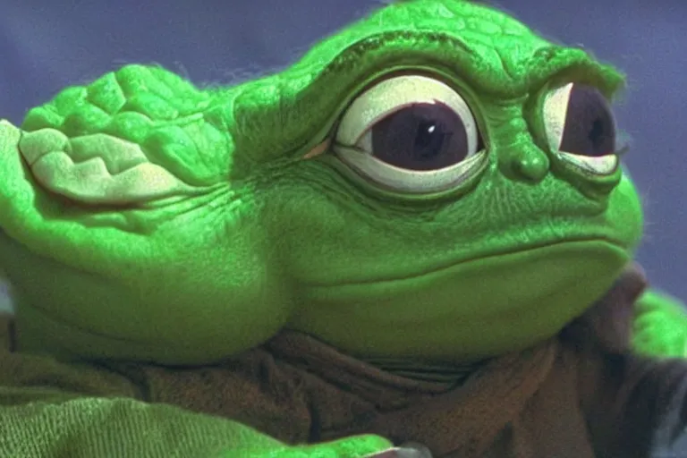 Prompt: pepe the frog yoda in a scene from'the empire strikes back ', hyper realistic, cinematic