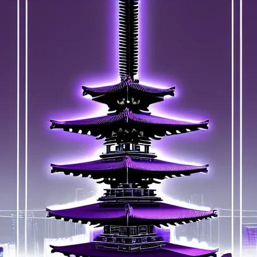 Image similar to Futuristic Pagoda Shrine in Tokyo megapolis in style of Tsutomu Nihei in purple and black tones. ArtStation, Cyberpunk, vertical symmetry, 8K, Highly Detailed, Intricate, Album Art.