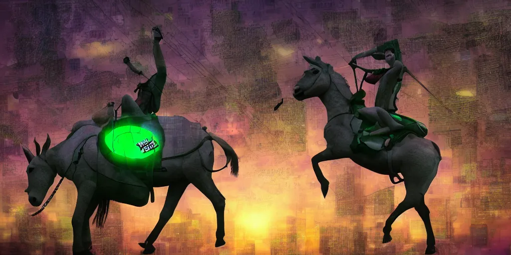 Image similar to donkey riding a tire swing, matrix style falling green text in the background, vaporwave, cyberpunk, digital art