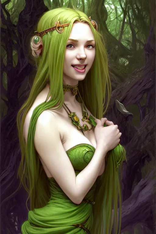Image similar to Portrait of seductive female druid, D&D, revealing green stylish dress, choker on neck, long blonde or red hair, mouth slightly open, cute slightly nerdy smile, fantasy, intricate, elegant, stylish, highly detailed, digital painting, artstation, concept art, smooth, sharp focus, illustration, art by artgerm and greg rutkowski and alphonse mucha