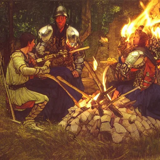 Image similar to a painting of medieval knights toasting marshmallows around the campfire in the style of howard pyle, arthur rackham, alphonse mucha. volumetric lighting. 8 k resolution. best detail. trending on artstation trending on deviantart