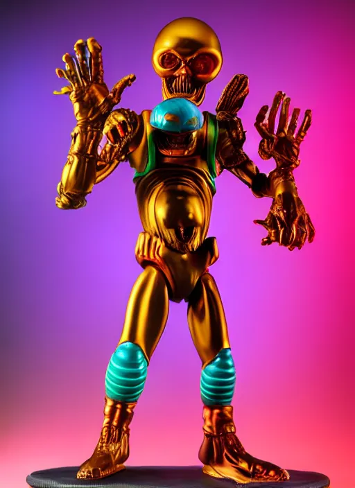 Prompt: hyperrealistic rendering, shiny mars attacks martian by and richard corben and jeff easley, product photography, action figure, sofubi, studio lighting, colored gels, rimlight, backlight