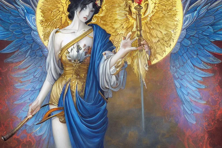 Image similar to glorious beautiful painting of Japanese female angel with flaming sword and golden wings, heavenly background and heavenly light, feminine figure, by James Jean, Neo-Gothic, gothic, Art Nouveau, rich deep moody colors