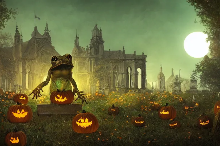 Image similar to an ultra detailed animation of a halloween bullfrog in a graveyard at midnight, digital art, dark fantasy, concept art, soulslike, by alphonse mucha, blood moon eclipse, ruined building in the background, artstation, 8 k, unreal engine render