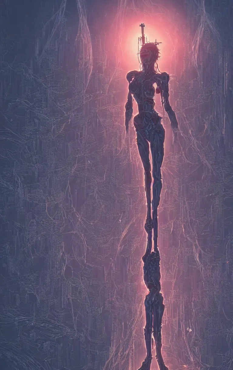 Image similar to award winning portrait of a crucified gargantuan female biomorphic cyborg goddess queen in the style of death stranding, neon genesis evangelion, with intricate energy core connecting to a futuristic downtown city, mightnight by artgerm, jean moebius giraud, yoshitaka amano, beeple, greg rutkowski. octane render.