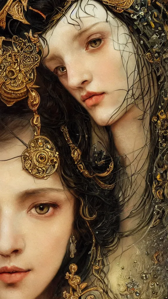Prompt: breathtaking detailed soft close up painting of one princess with very black hair, gauze dress of fireflies and art nouveau crown of embers, viking culture, rembrandt style, detailed art nouveau stained glass of flames, christian saint rosace, elegant, highly detailed, artstation, concept art, matte, sharp focus, art by Tom Bagshaw, Artgerm and Greg Rutkowski