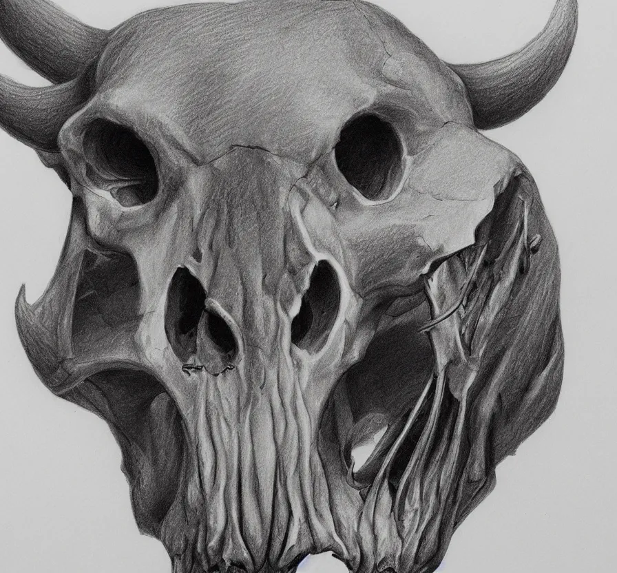 Prompt: cow skull, pencil drawing, pencil, black, sketch, on paper, realistic, detailed, artstation