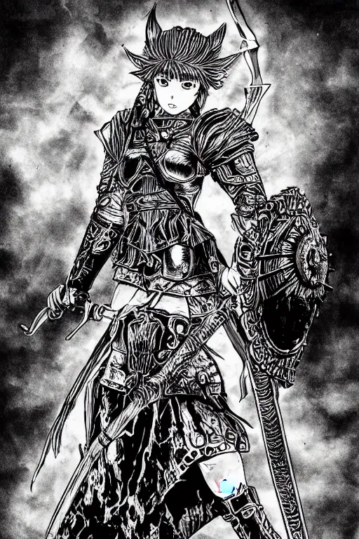 Image similar to A beautiful female warrior with a sword and shield overlooking a grand battlefield in the style of berserker by Kentaro Miura, manga, black ink,