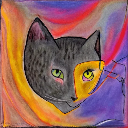 Image similar to a lucid dream about a cat finding its way home, abstract art