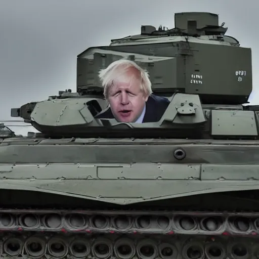 Image similar to A long shot of Boris Johnson in a tank, 4k, ultra HD