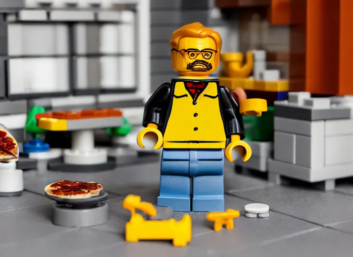 Image similar to product photo still of walter white throws pizza on the roof of house lego set, 8 k, 1 2 0 mm macro, f 1. 8, studio lighting, key light