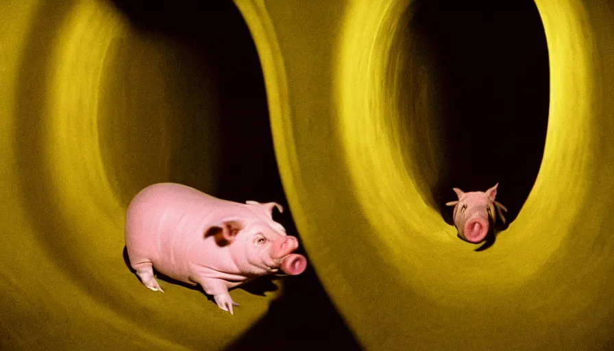 Prompt: 5 0 s movie still of a yelling pig in a flesh cocoon in a yellow tunnel, cinestill 8 0 0 t 3 5 mm technicolor, heavy grain, high quality, high detail