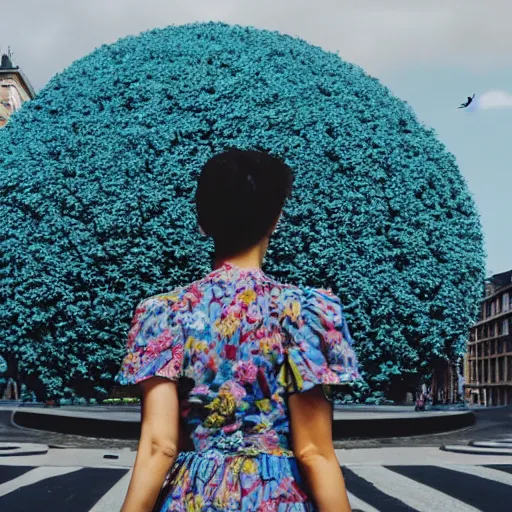 Image similar to giant flower head, woman walking through city, surreal photography, cinematic, blue sky, symmetry, detailed, retro, wes anderson