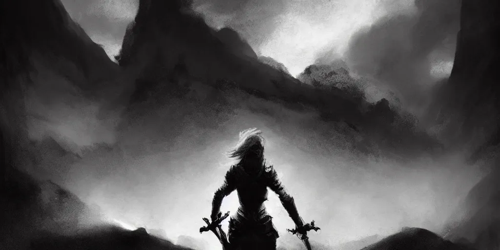 Prompt: epic portrait cinematic shot an female with large sword runnning in a cave of an giant, cloudy, foggy, storm, night setting. realistic shaded lighting poster by craig mullism, radiant light digital art, trending on art station kvlt by peder balke by guido crepax by norman bluhm mystic high contrast monochromatic noir