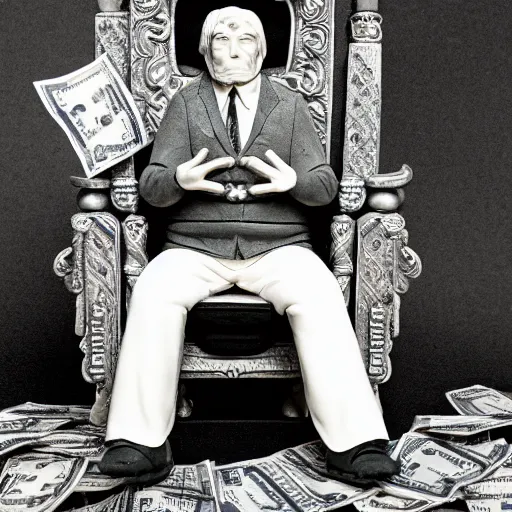 Prompt: a greedy man, sitting on a throne of money, studio photography, 3 5 mm lens, 8 k