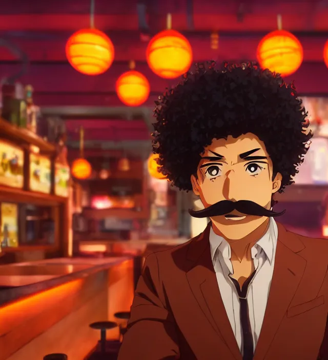 Image similar to close - up anime still of ( ( charming!!!!! latino middle - aged anime protagonist with curly afro and moustache!!! tilting his head charmingly ) late night in an anime bar, cozy lights, detailed orange atmosphere. cinematic rim lighting, global illumination, trending on artstation, hypdertailed, perfect shading, dreamy, masterpiece