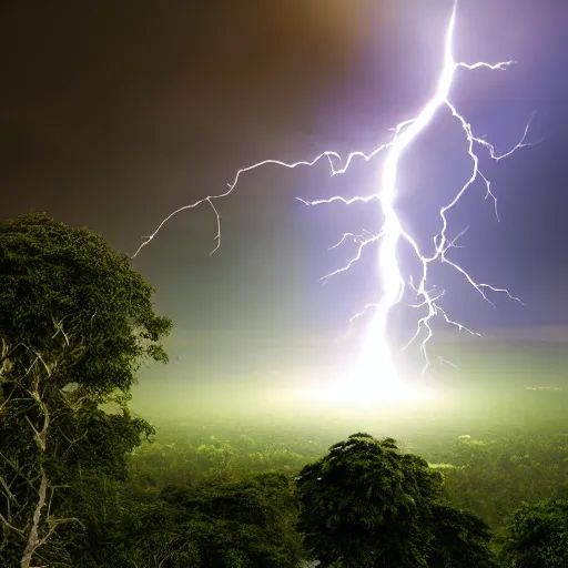 Prompt: 3 fluffy clouds shooting lightning down into the amazon rainforest, 5 0 mm, ultra detailed, dramatic lighting, octane render, cinematic perspective, wide la dscape view