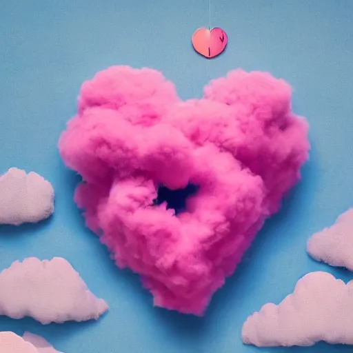 Prompt: a pink cloud in the shape of a heart on a bright blue and green background, cloud in the shape of a dragon, dragon shaped cloud, shaped like a chinese dragon