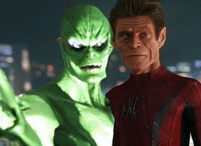 Prompt: film still of Willem Dafoe as Green Goblin in Spider-man 2002