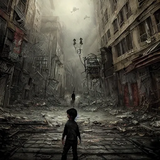 Image similar to a boy in apocalyptic zombie city, lovecraftian horror!, surrealism, fantasy, intricate, elegant, highly detailed, digital painting, realistic shading, cinematic composition, hdr, photorealistic, 3 5 mm film, concept art, artstation, matte, sharp focus, illustration, art by greg rutkowski and kadinski