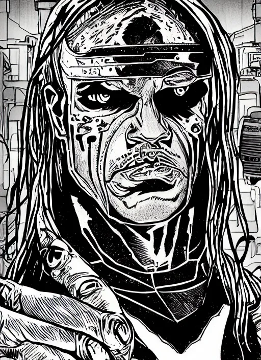 Prompt: the undertaker cyborg, portrait, cyberpunk 2 0 2 0 manual, by steampoweredmikej, inktober, ink drawing, black and white, coloring pages, manga, highly detailed