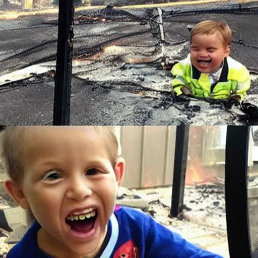 Prompt: “ smiling kid with house burning down, meme, funny ”