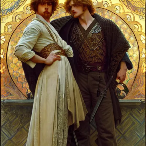 Image similar to manly arthur pendragon and manly merlin. focus on their faces. natural lighting. highly detailed painting by gaston bussiere, j. c. leyendecker, alphonse mucha, greg rutkowski, 8 k